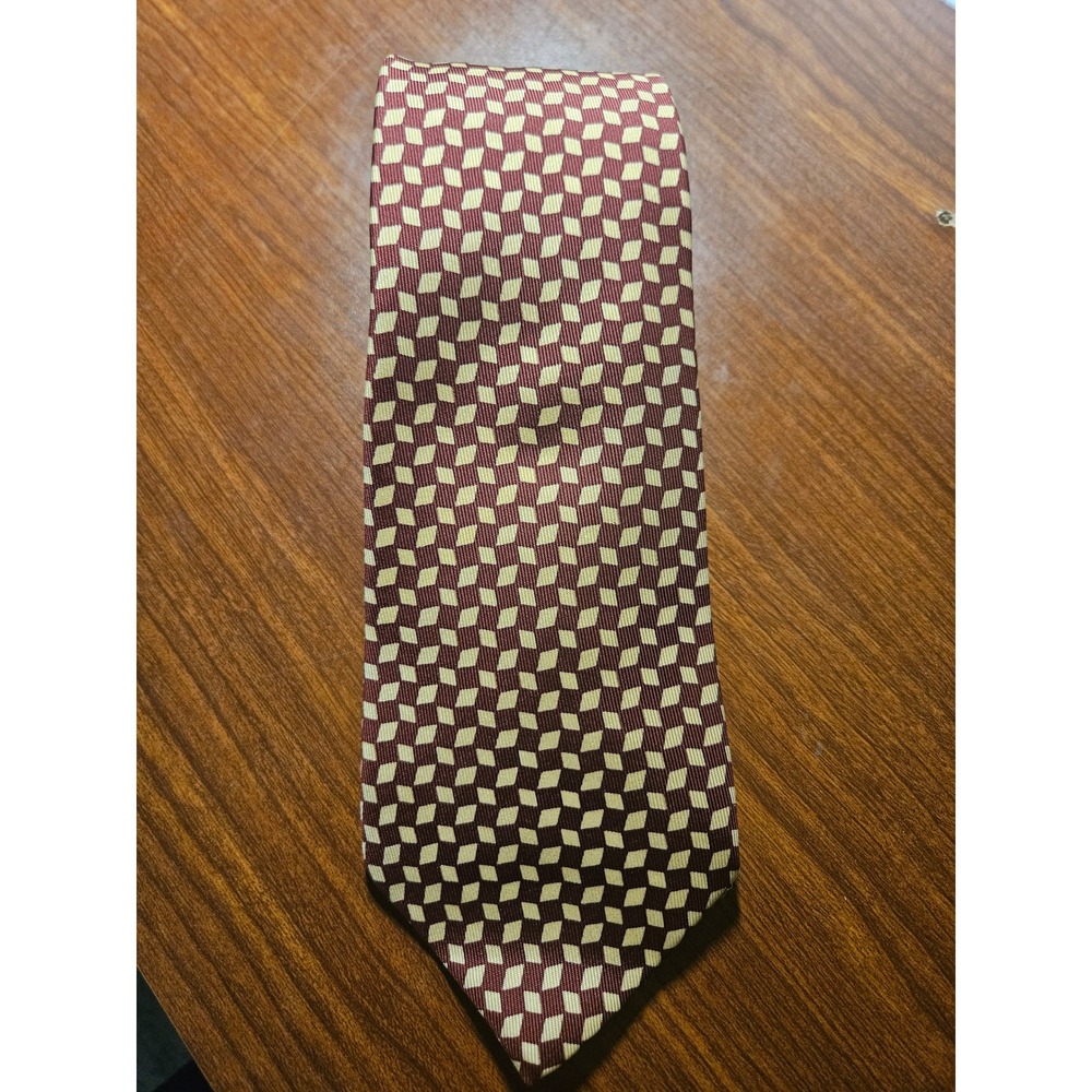 Prada Necktie Mens OS Burgundy Geometric Diamond Silk Hand Made England Luxury